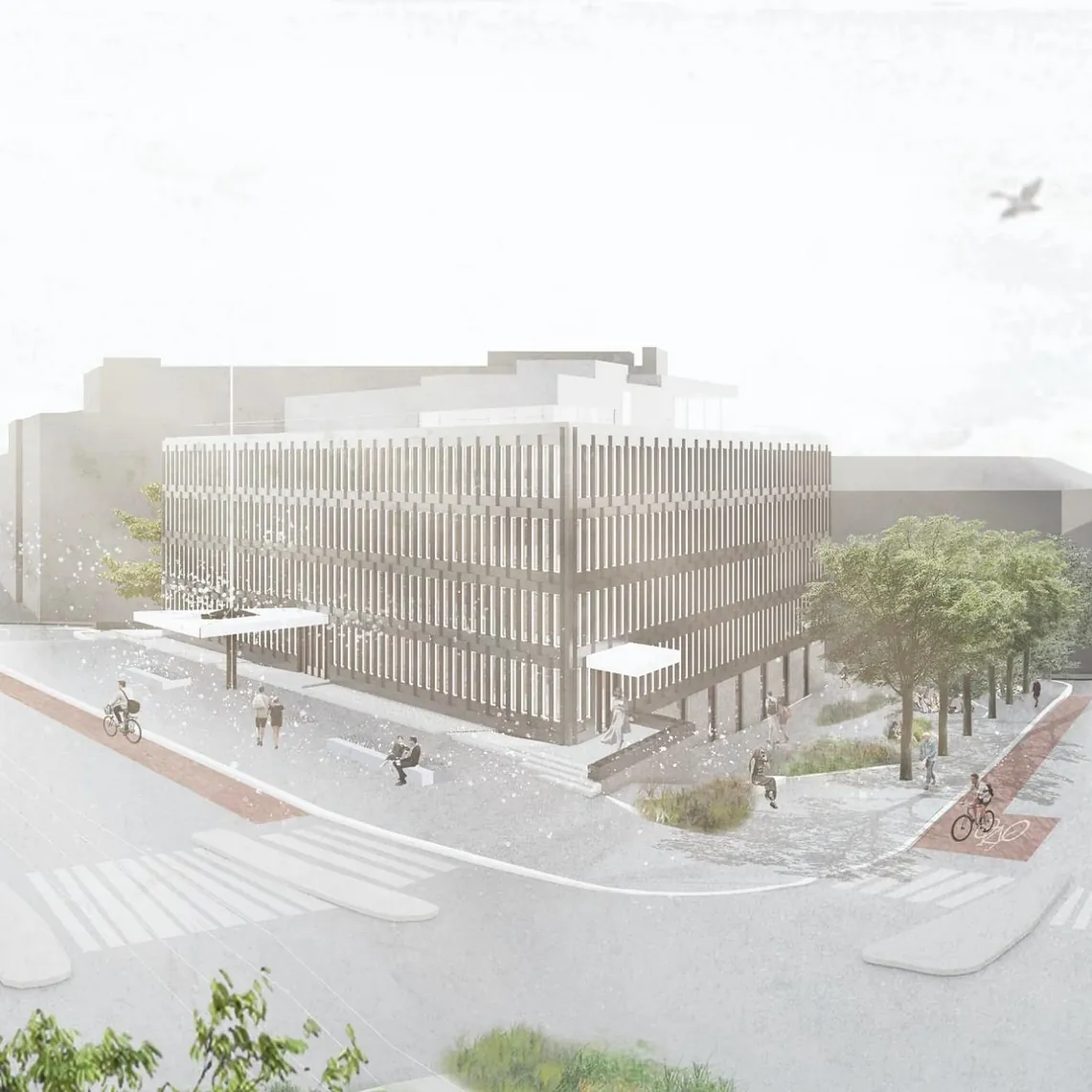 Illustrasjon av moderne kontorbygg med grønne uteområder og tilrettelegging for syklister.