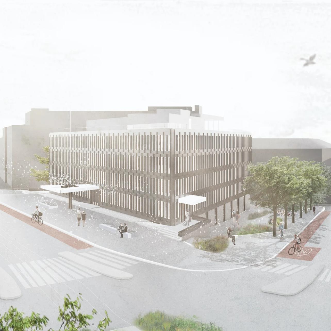 Illustrasjon av moderne kontorbygg med grønne uteområder og tilrettelegging for syklister.
